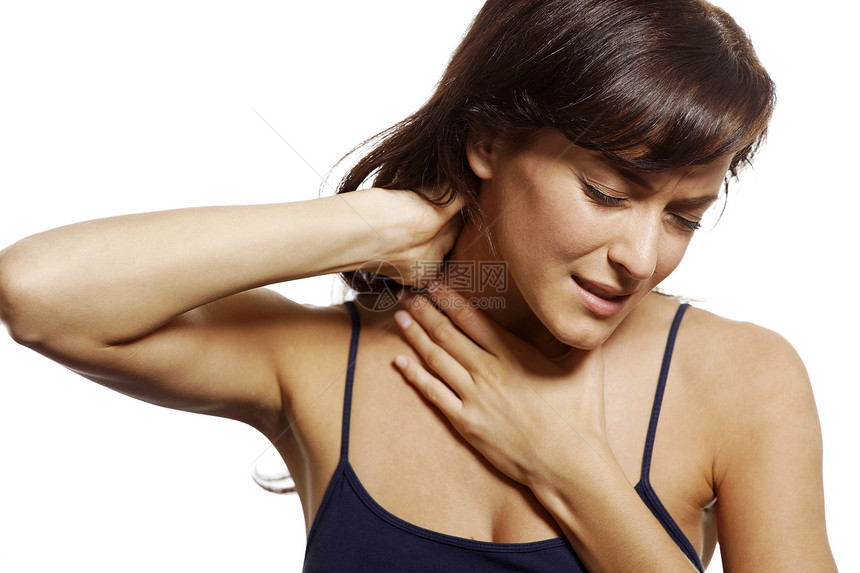 颈部疼痛的妇女关节压力脖子女士女性头发止痛药白色女孩工作图片
