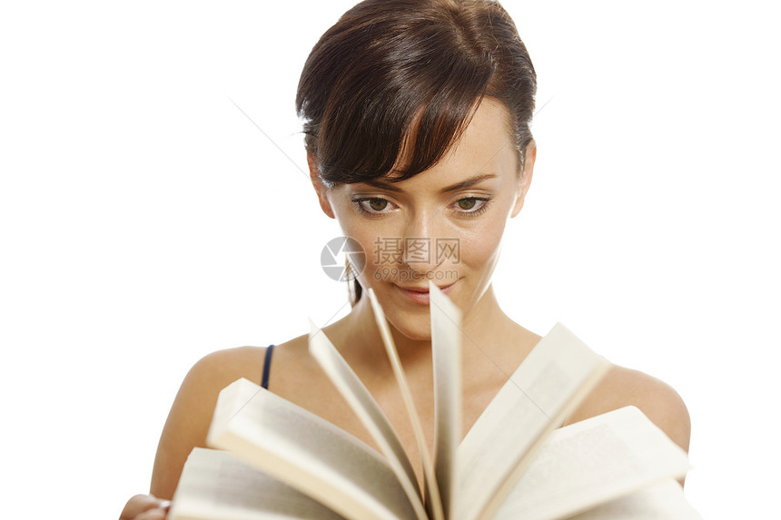 妇女阅读书快乐白色页数女性头发学习女士女孩阅读图片