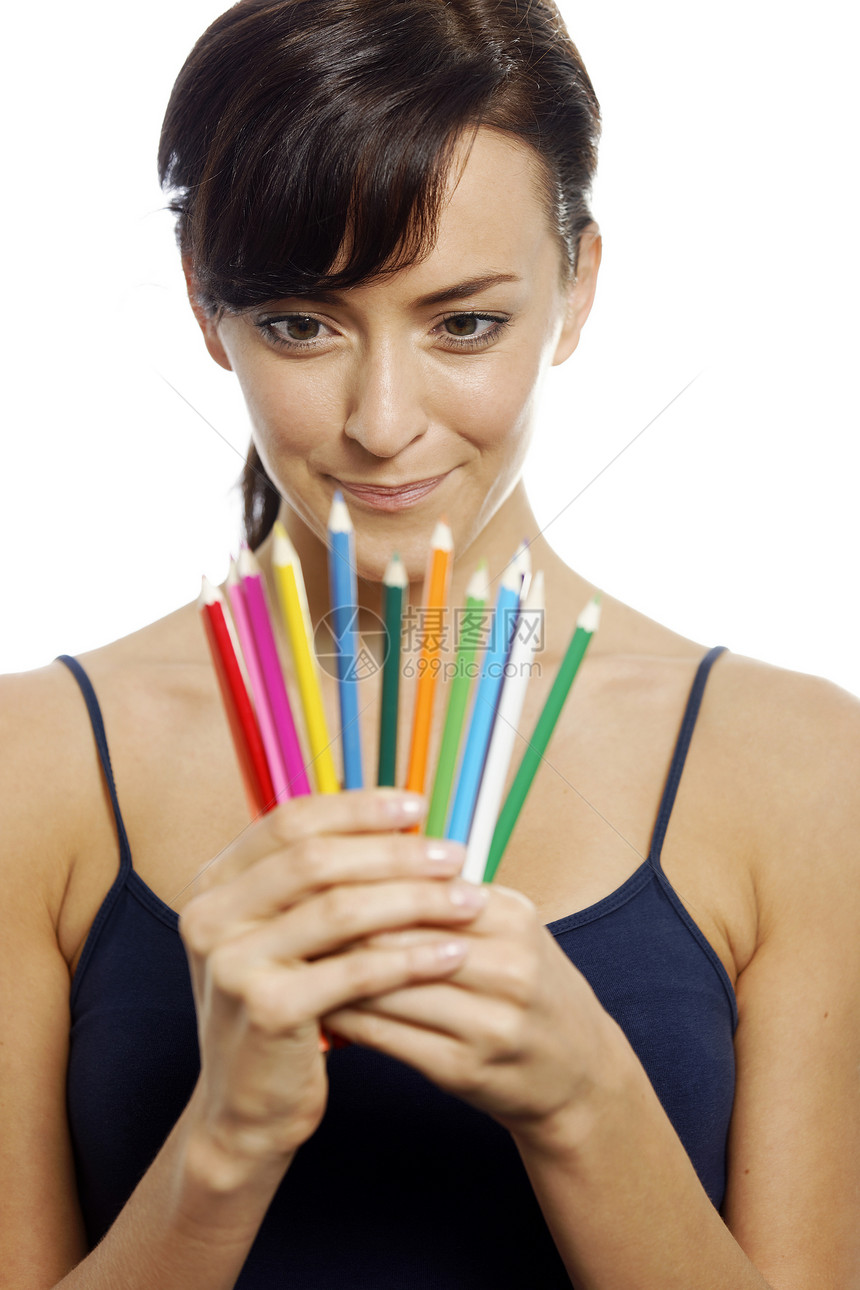 持有彩色铅笔的妇女头发女性白色女孩女士工艺艺术绘画快乐图片