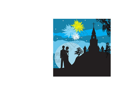 被改革教会新娘情侣被烟火包围着女性男人星星夫妻年轻人男性婚姻婚礼幸福女士插画