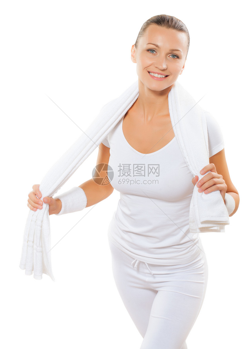 穿着白棉毛巾的运动妇女 笑着与世隔绝图片