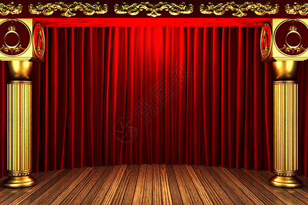 金台的红织布窗帘推介会金子娱乐风格奖项仪式歌剧宣传织物木头背景图片