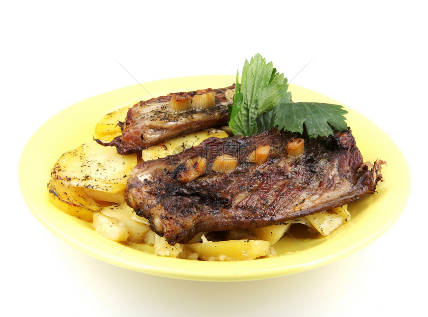 Grilled 牛排印章白色午餐餐厅油炸肋骨美食蔬菜牛扒盘子图片