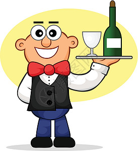 wine与 Wine 卡通酒店的服务员食物插图漫画瓶子微笑餐饮酒店男性工作咖啡店插画