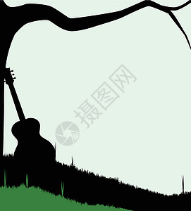 悠然自得与空洞一根树枝的轮廓在草地上伸展 与吉他背影插画