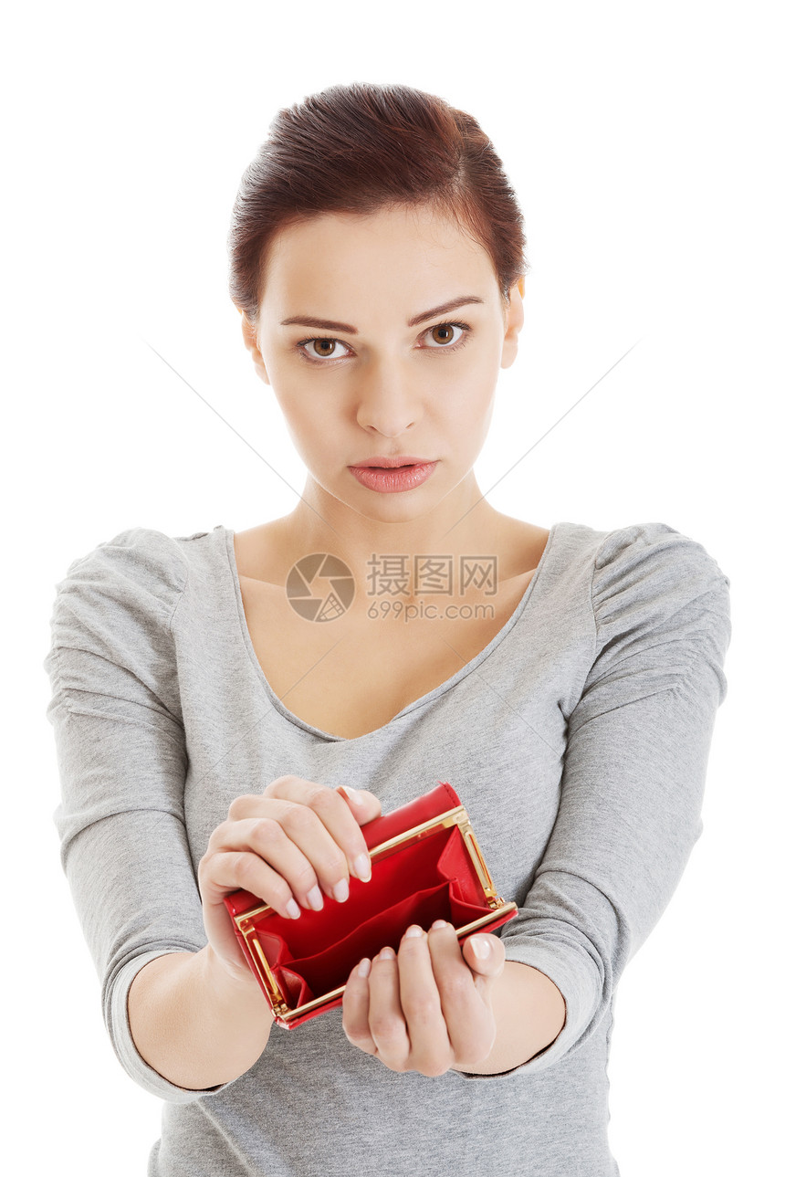 美丽的随身女郎展示她的空钱包金融财富女孩资金口袋债务破产信用商业钱包图片