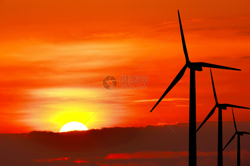 风力涡轮机工业环境太阳力量车站日落技术日出全球黄色图片