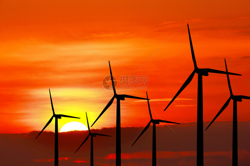 风力涡轮机团体风车日落坡度金属技术力量日出太阳环境图片