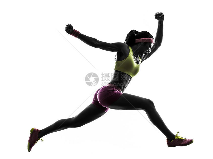 女性奔跑者跳跃高喊双轮运动装竞赛短跑阴影跑步活力赛跑者竞争运动能力图片