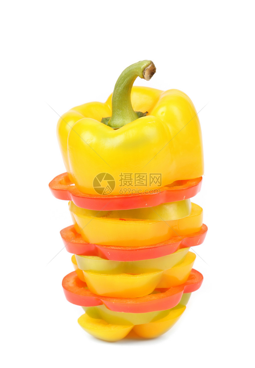 彩色胡椒的切片黄色健康绿色营养白色橙子活力蔬菜红色图片
