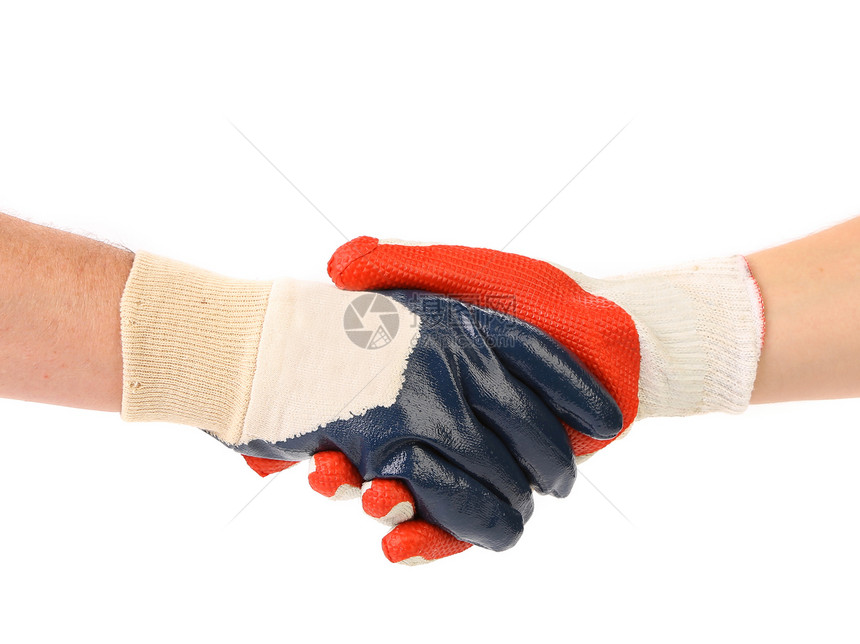 两只手戴握手手套工人纺织品男人会议皮革衣服合同花园手势手指图片