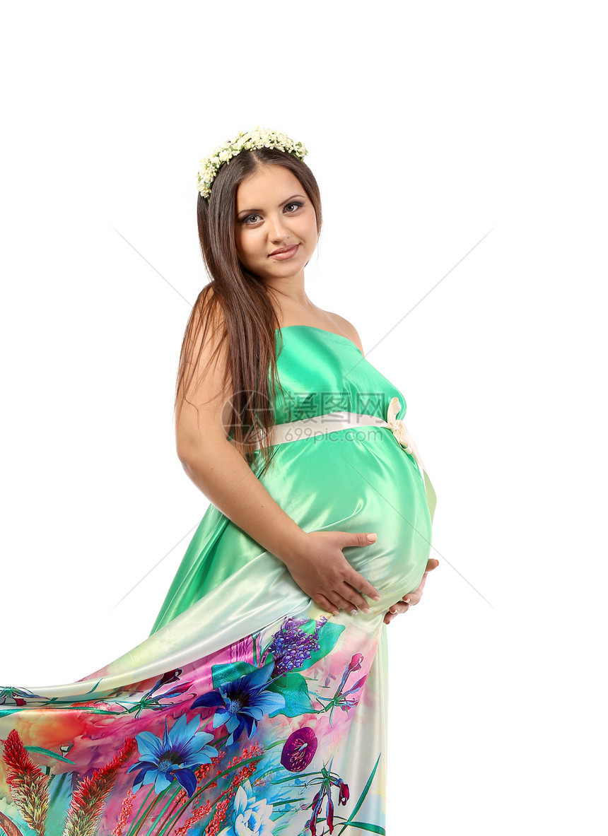 美丽的年轻怀孕妇女白色丝带肚子女性腹部弯头分娩胸部手指衣服图片
