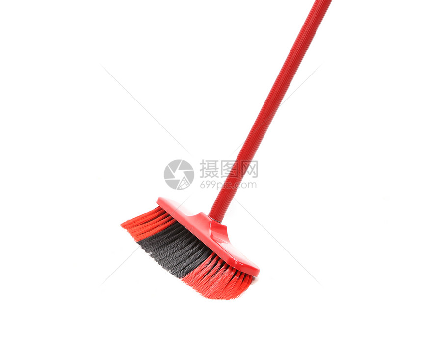 红色黑扫帚贴近了清洁工工作家务黑色刷子清扫卫生灰尘工具拖把图片