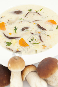 蘑菇汤烹饪土豆篮子盘子香菜食物白盘子背景图片