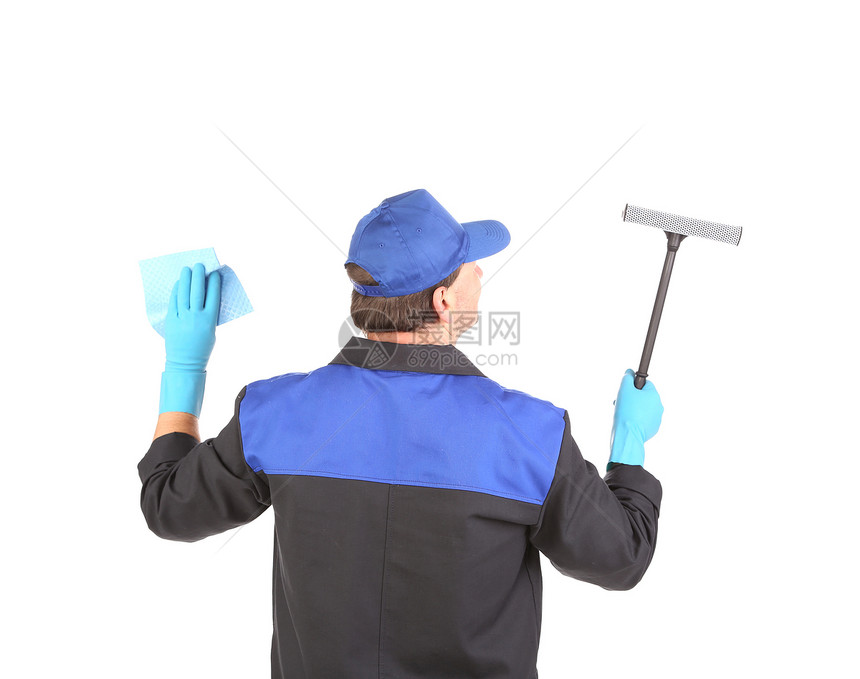与窗户清洁工一起戴手套的工人家政男人男性服务蓝色家庭工作快乐海绵衣服图片