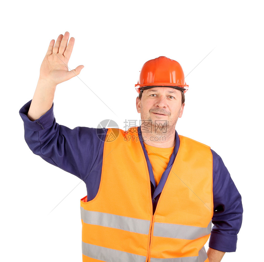 手举高的硬帽工人拇指展示背心劳动工作建造蓝色条纹手指马甲图片