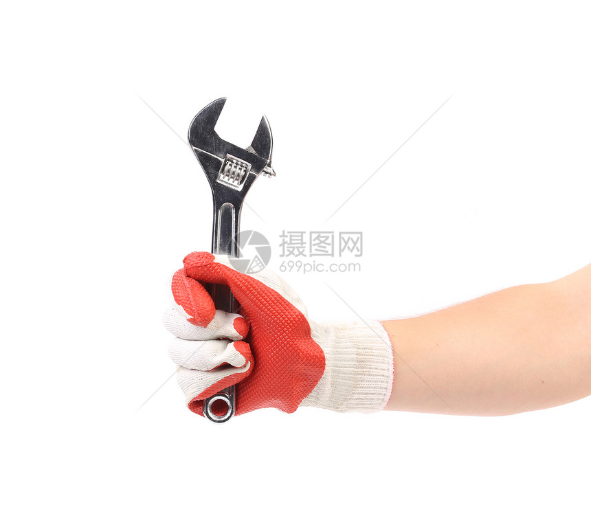 手握手套拿着扳手橡皮工具工人气体男人夹钳橙子劳动管道维修图片