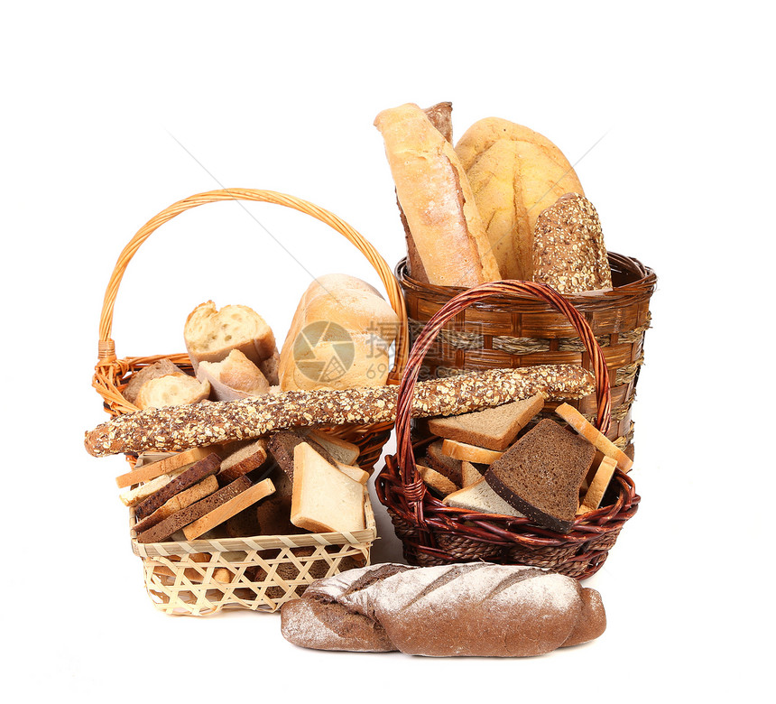 篮子中新鲜面包粮食早餐亚麻向日葵种子食物购物柳条小麦市场图片