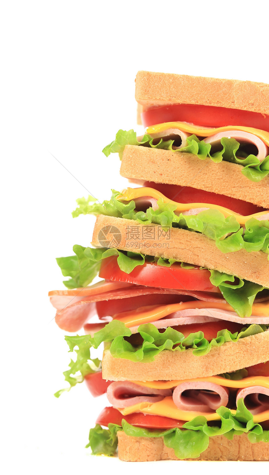 大三明治和新鲜蔬菜熏制沙拉小吃芝麻火腿种子食物面包垃圾家禽图片