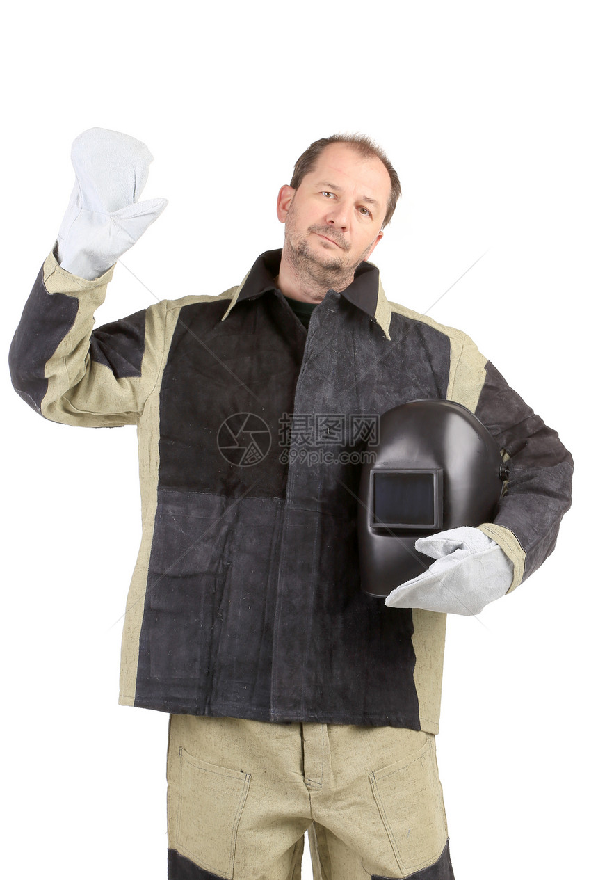 戴面罩的焊接器在手里金属男人男性手套工业衣服头盔焊接白色帽子图片