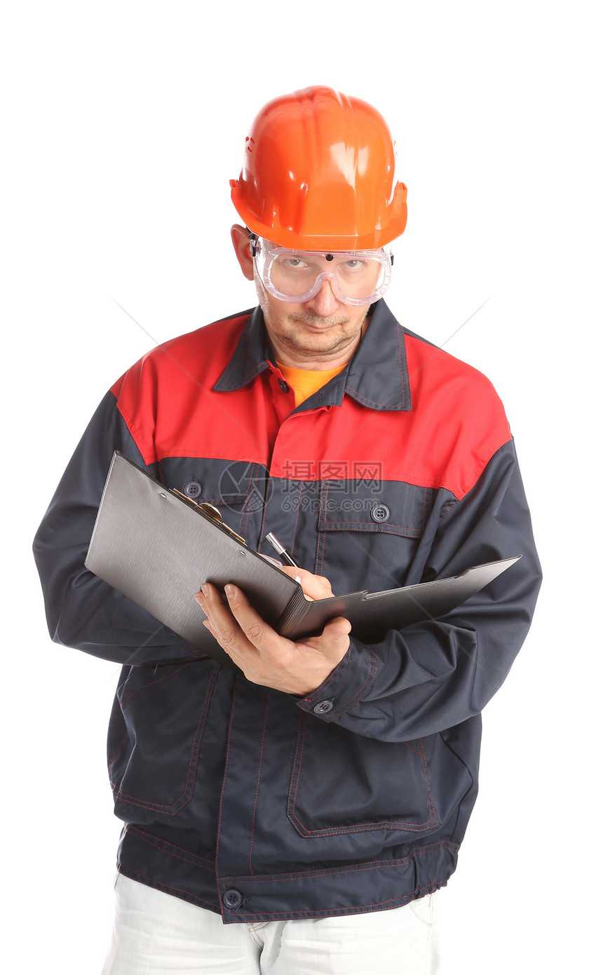 工人在文件夹中写入工具套装建造眼镜职业工作身体员工锁匠机械图片