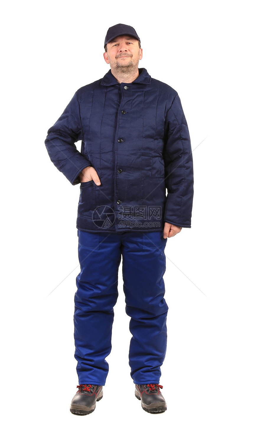 冬季工作服工人口袋靴子纺织品蓝色背心兜帽眼镜男性夹克套装图片