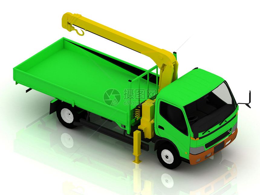 带有起重机的绿色卡车地面机械建造金属玩具机器车轮商业工程安全图片