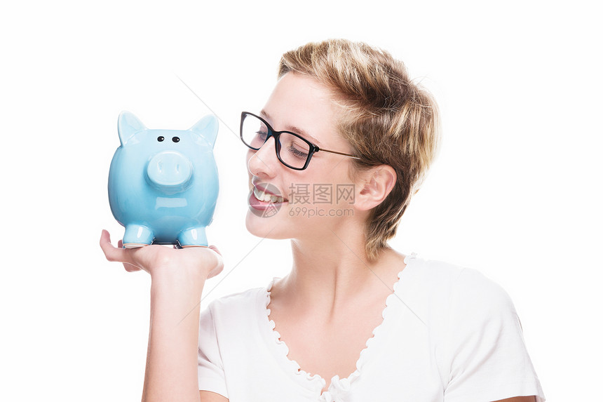 女人在小猪银行微笑图片