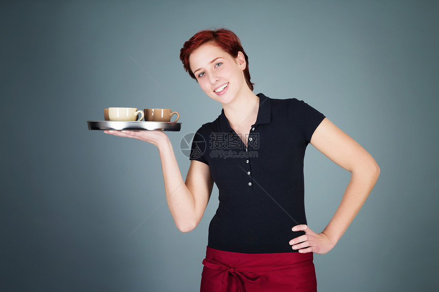 服务女服务员咖啡杯子食物咖啡杯成人围裙女性红色饮料微笑商业图片