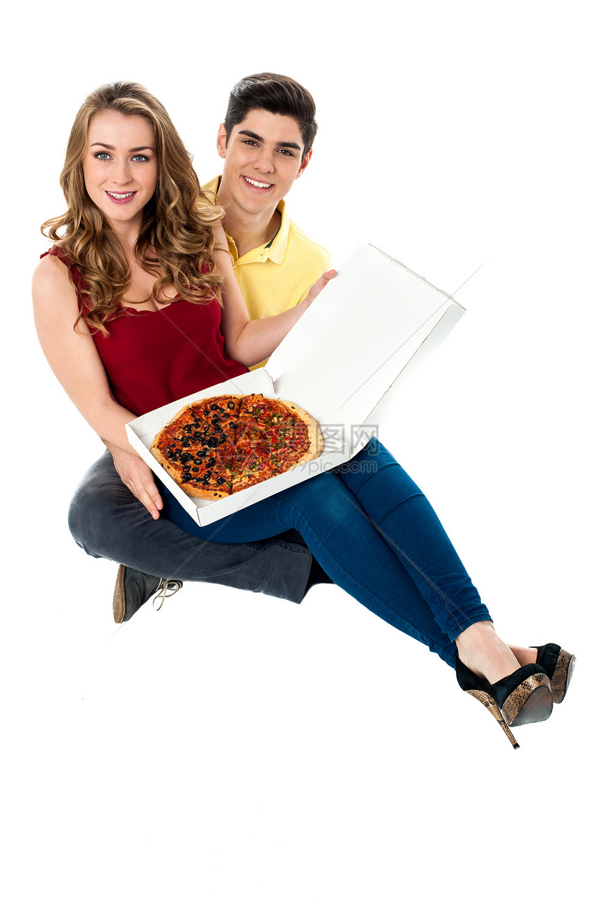 让我们分享美味的比萨饼男生香肠冒充工作室女性男人女孩女士拥抱男性图片