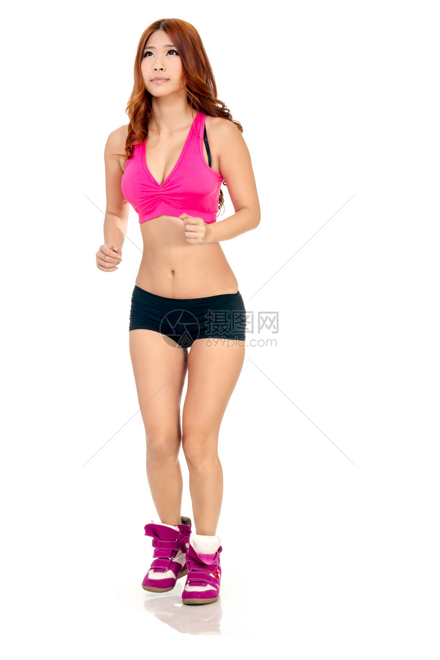 美丽的亚洲妇女慢跑运动员成人身体女士赛跑者女性健身房跑步运动训练图片