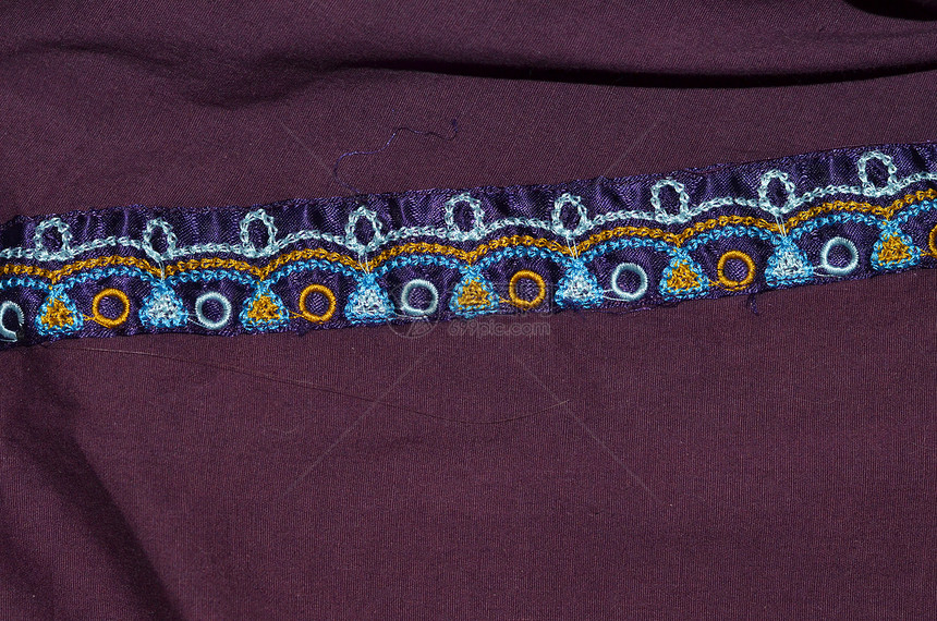 印面结构细节刺绣棉布边框黄色缝纫紫色材料蓝色修剪图片