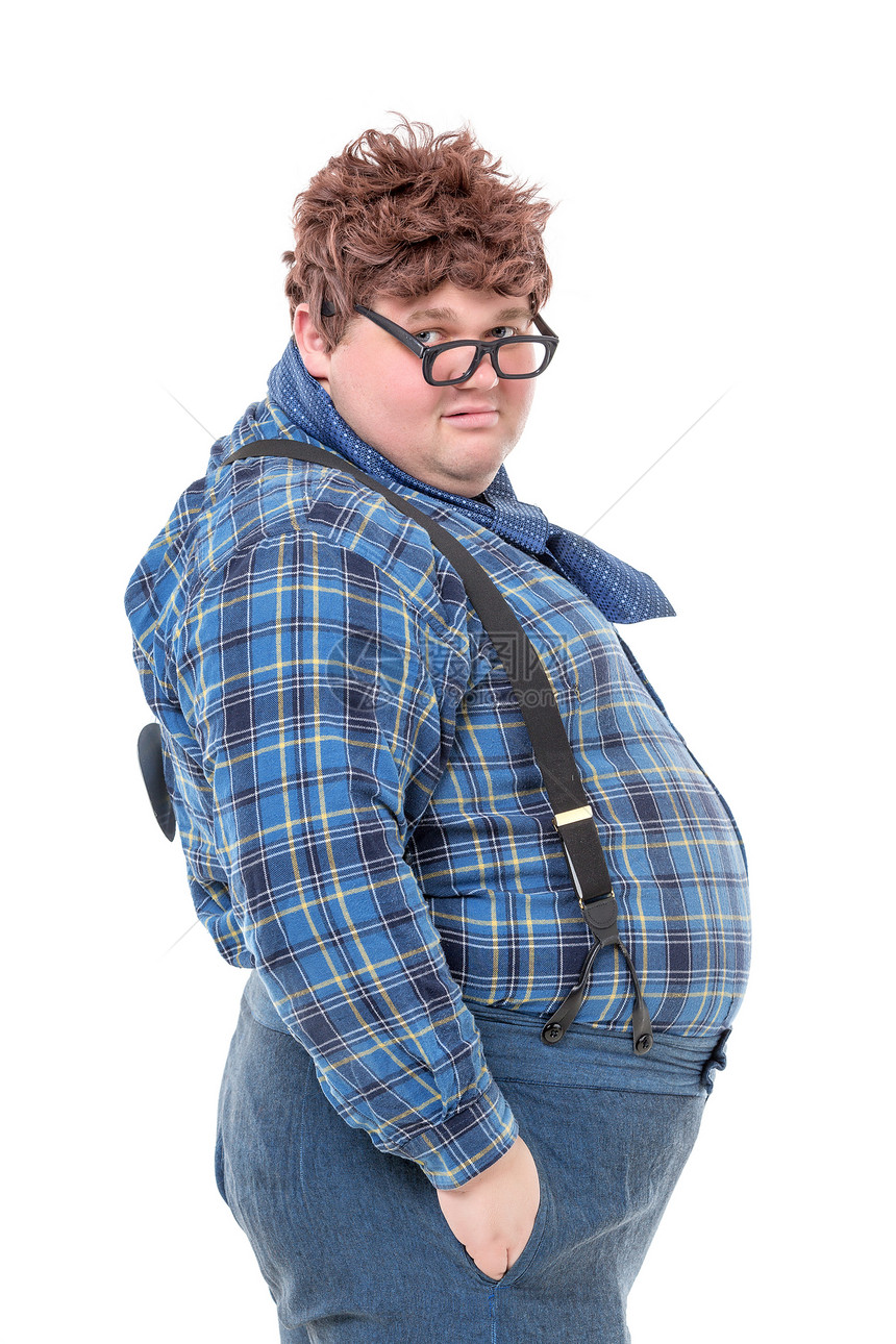 超重肥胖的年轻男子眼镜享受男人乡巴佬图片