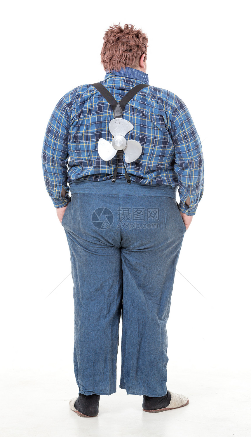 超重肥胖的年轻男子乐趣刀片虚伪乡巴佬男人享受概念螺旋桨图片