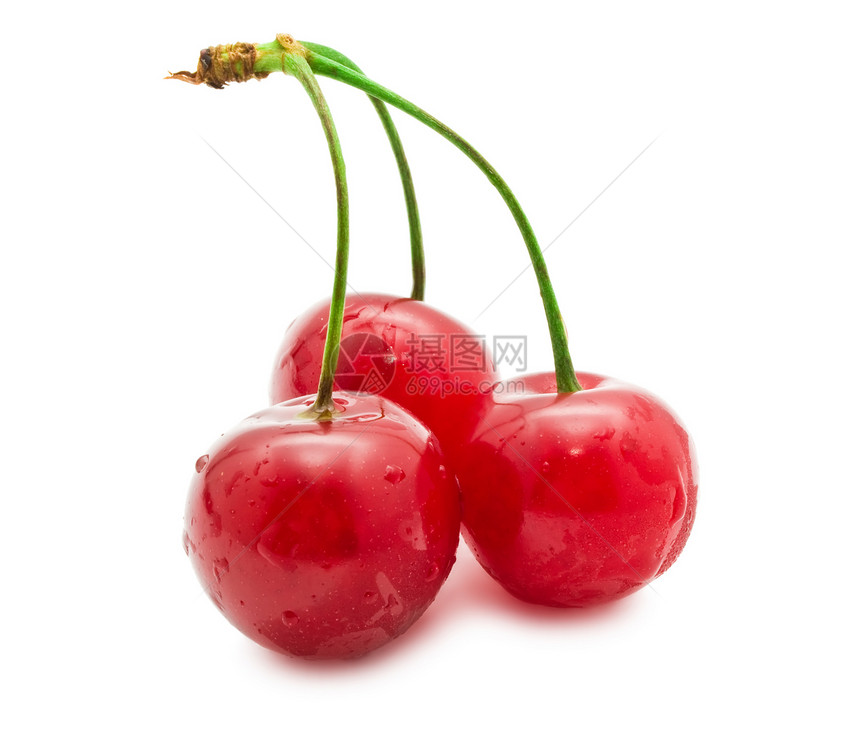 红樱桃食物宏观浆果红色绿色工作室水果美食叶子白色图片