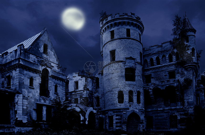 古老哥特语庄园石头月亮城堡地标历史性建筑褪色建筑学蓝色月光图片
