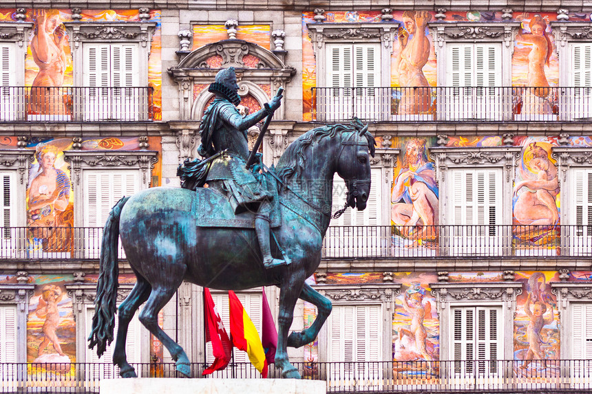 马德里广场市长菲利普三世国王的女神像正方形快门旅游雕塑壁画雕像观光广场阳台吸引力图片