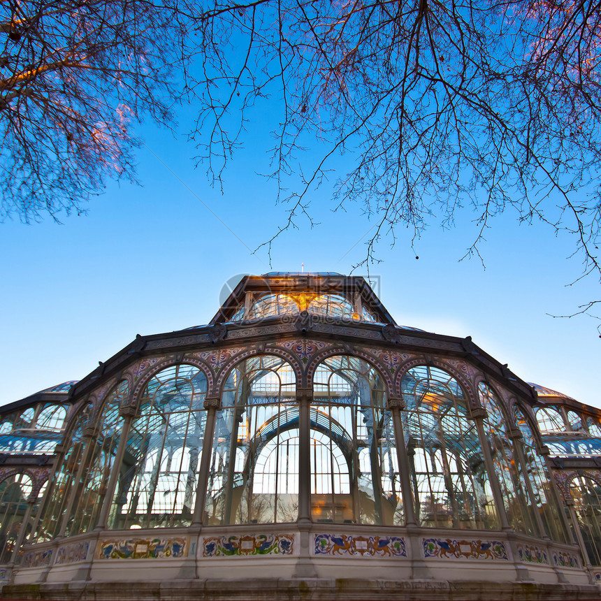 马德里退休市公园植物学休息建筑学花园宫殿圆顶公园游客窗户玻璃图片