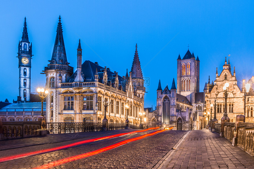 比利时 欧洲根特的莱河岸全景吸引力教会石头景观城市建筑生活明信片夜生活图片