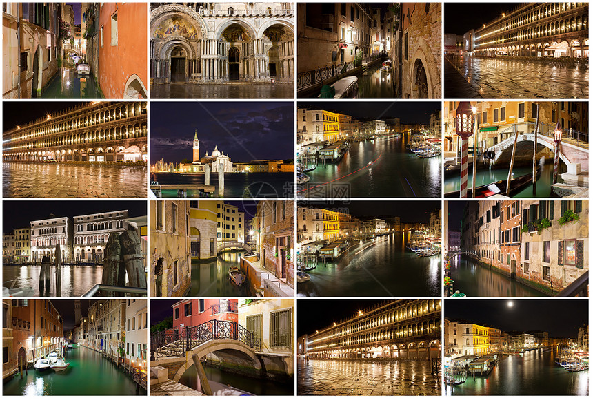 在威尼斯的夜晚城市建筑街道天空运河旅行景观反射游客旅游图片