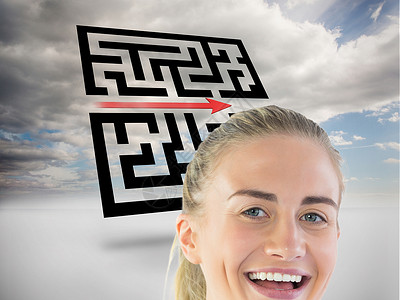 扫二维码海报笑着看镜头的女商务人士阳光天空金发绘图微笑头发多云计算机数字代码背景