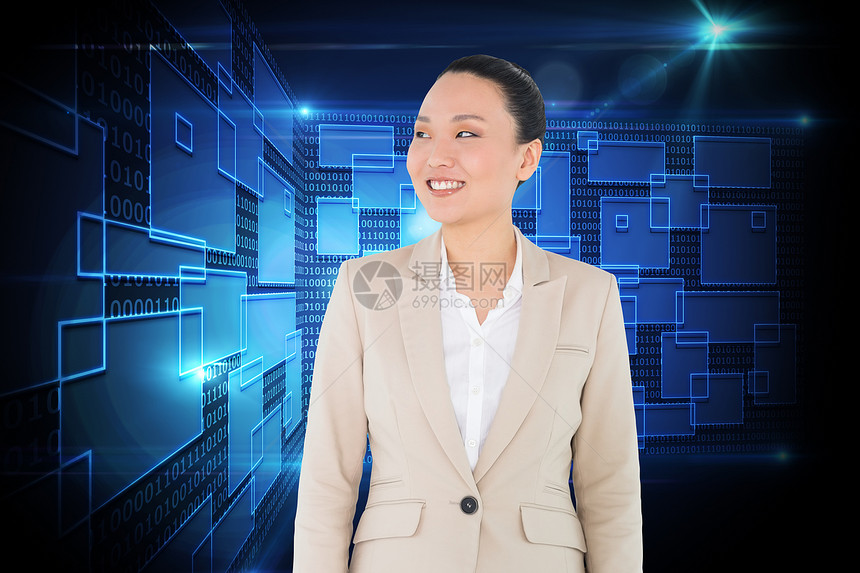Asian商业女商务人士的复合形象技术女士商务职业辉光火花计算机黑发蓝色线条图片