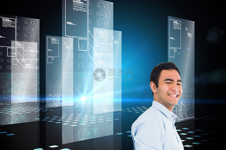 临时男子站立的复合形象黑色棕色计算机计算技术蓝色火花混血数字窗格图片
