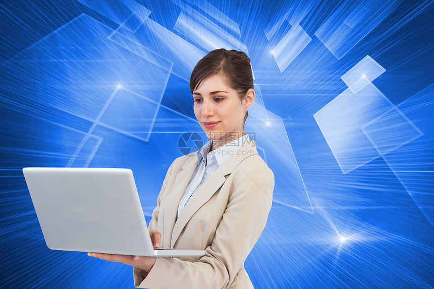拥有笔记本电脑的女商务人士的综合形象技术火花女性未来派联锁蓝色计算机职业头发快乐图片