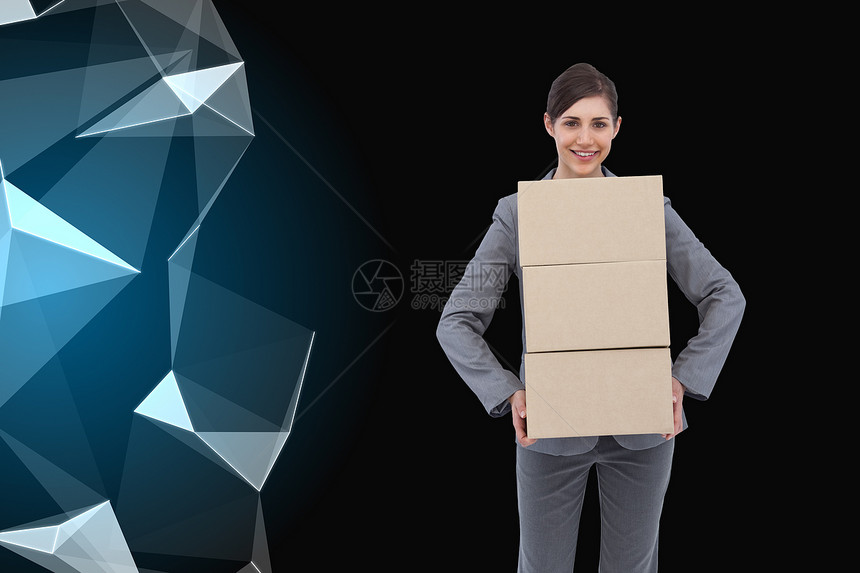 装着纸板盒的微笑女商务人士的综合形象绘图商业人士未来派蓝色女性棕色女士线条头发图片