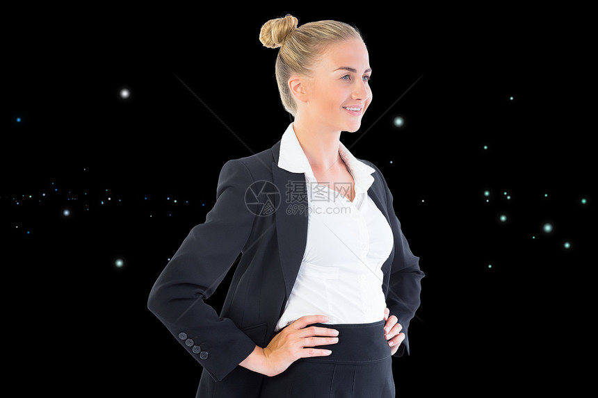 商业女商务人士的复合形象 她们用手站在臀部上头发职业快乐火花绘图双手套装女性星星微笑图片