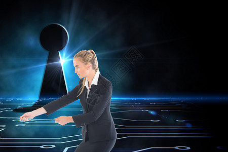 商业女商务人士拉绳子的复合形象锁孔计算计算机牵引绘图人士金发职业浅色技术背景图片