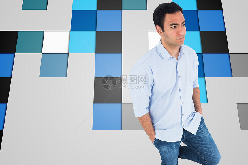 混杂的无模无样的临时男子站立形象正方形倾斜口袋灰色蓝色男性双手黑色膝盖数字图片