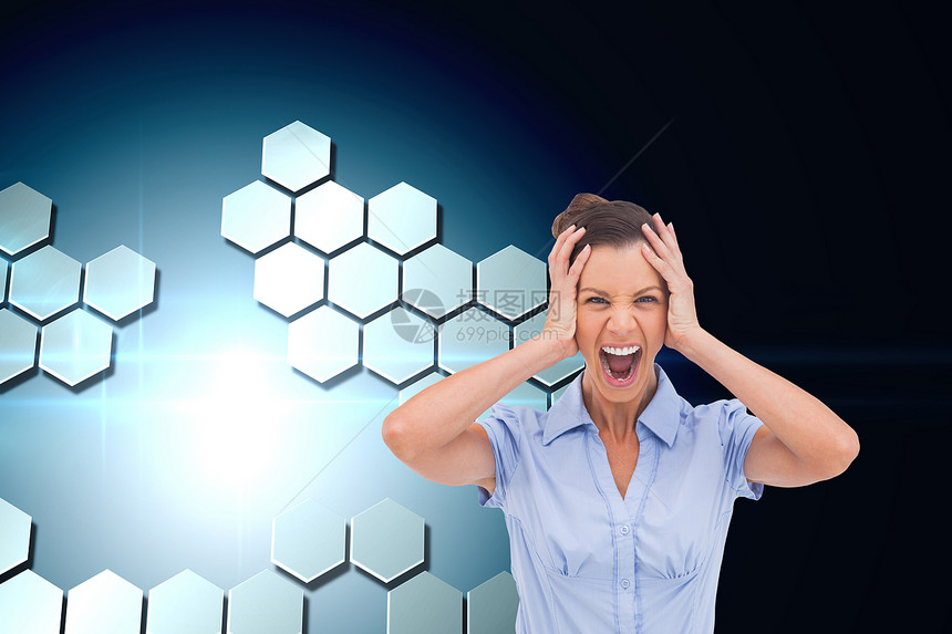 身戴手顶的紧张女商务人士形象综合图象女性人士愤怒商务商业绘图计算机挫折六边形计算图片