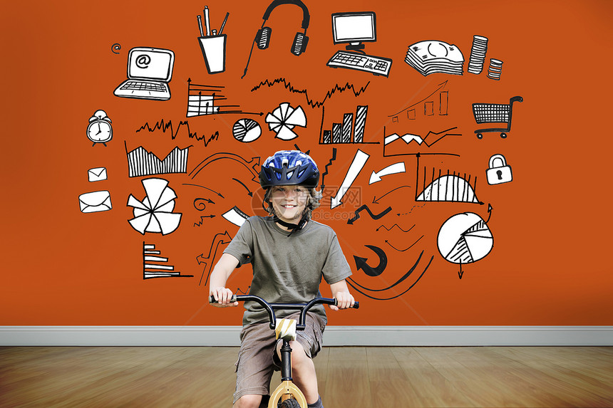 在公园里骑自行车的小男孩的 综合形象骑术进步幸福木地板男性技术运动绘图享受闲暇图片